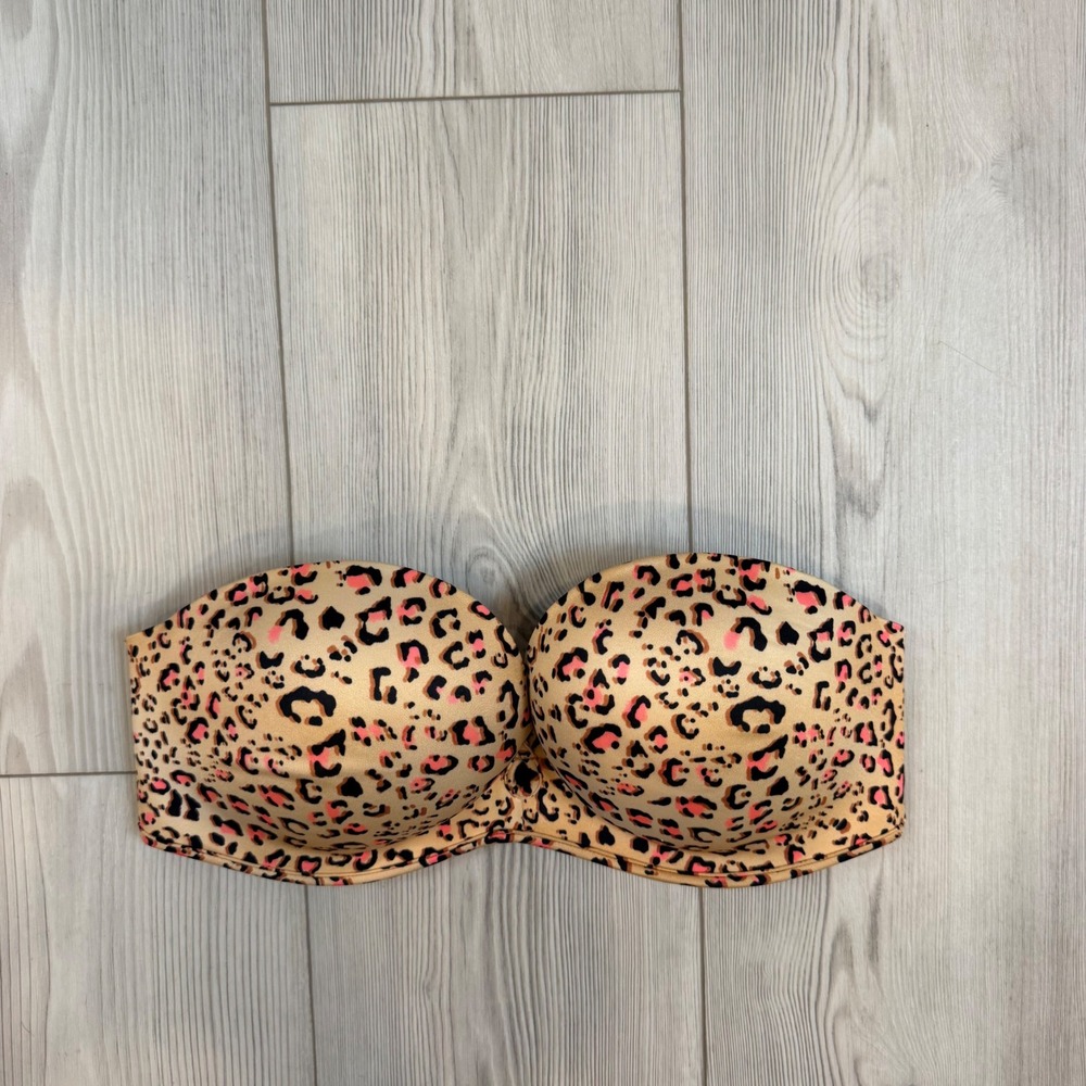 Victoria's Secret Bombshell Padded Strapless Bra Leopard Print Pink Tan 36C